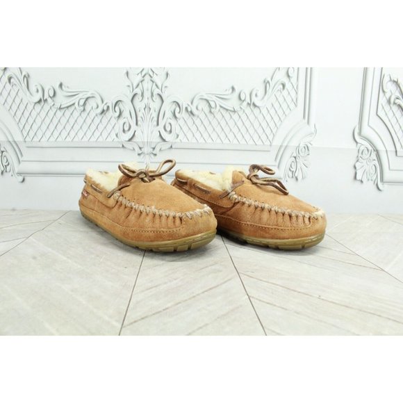 LL Bean Kid's Brown Wicked Good Moccasins Suede Shearling Lined Slippers Size 1 - Picture 3 of 9